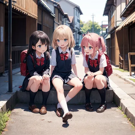 three very young girls, eight-year-old children, in a street in japan, one of the old streets, behind them is a school. they are...