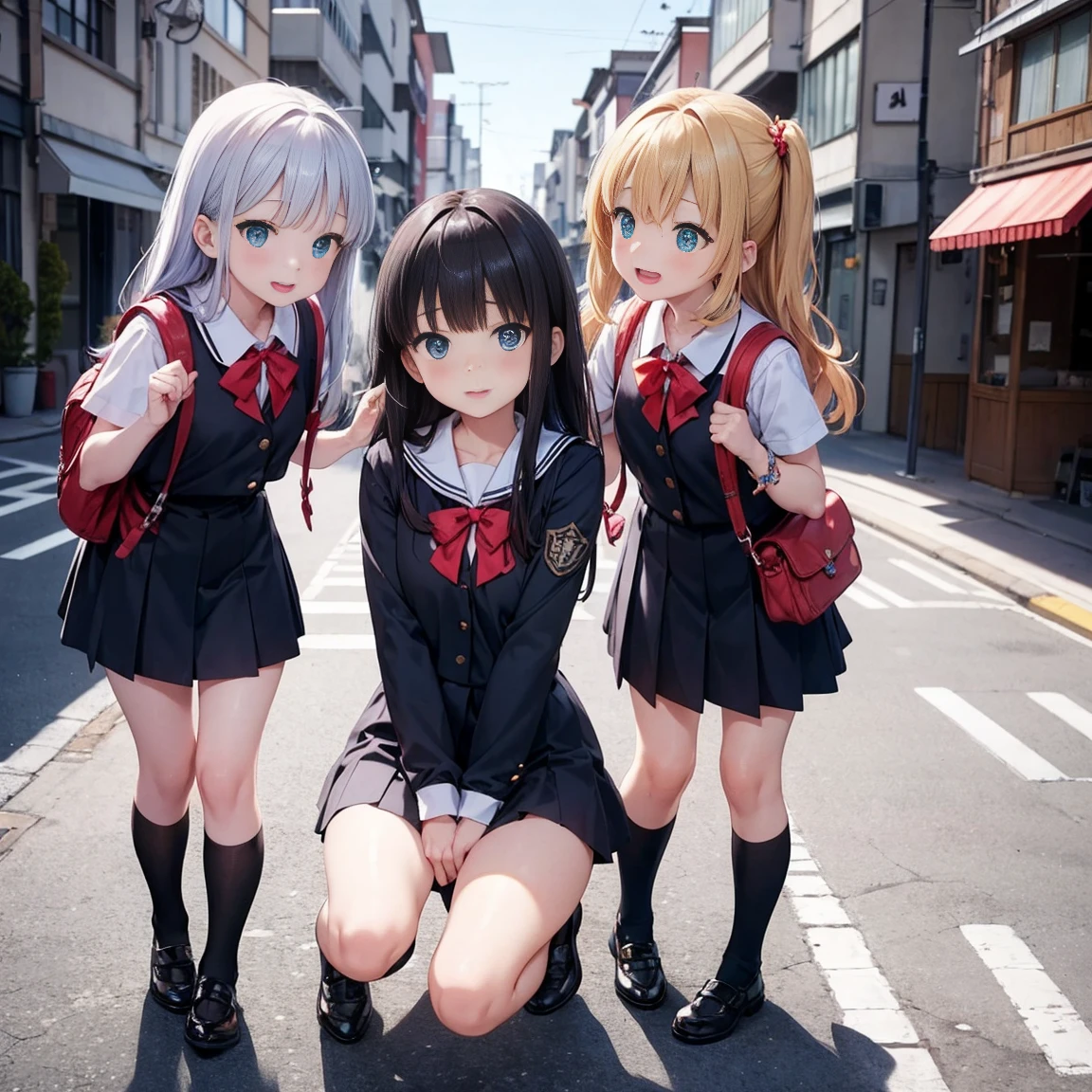 Three very young girls, eight-year-old children, in a street in Japan, one of the old streets, behind them is a school. They are wearing Japanese school uniforms, their thighs are all visible, and their socks reach below the knee. Their uniforms are wearing backpacks.. The first girl is excited. Her hair is black, fluffy, reaching below the neck. She is excited and cheerful as she stands and raises her hands excitedly, meaning she is black.. The second girl has blond hair that reaches below the neck and blue eyes. She is a little younger than them in age. She is very beautiful and very, very innocent and a little afraid. She looks anxious and pretends to be a normal person. She is shy and looks shy while she is sitting on her knees, placing her hands on her thigh, and she is shy and half-assed.. The third girl, her hair white, reaches below her neck, she wears red jewelry on it, her eyes are blue, she stands next to them, looking with a mixture of shyness and courage, she is half shy and half happy, she stands looking with amazement, shyness and courage. They all look in amazement. The three girls. Side view. One of them seems to be stumbling. They are three young girls, all the same height. They are looking at something far away. 