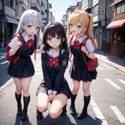 three very young girls, eight-year-old children, in a street in japan, one of the old streets, behind them is a school. they are...