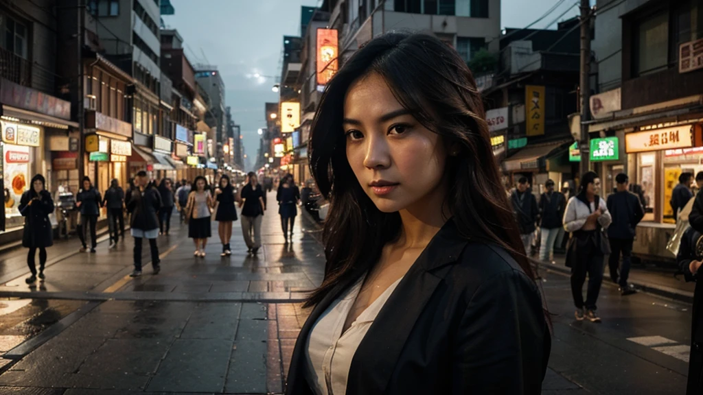 "Create a 12k HDR image of an Asian metropolis with tall buildings. The scene should include a stunning Asian woman with long, dark hair and a serene expression walking sideways on the sidewalk in 20th century clothing through busy streets. Close-up, right-angle shot. Around her, capture the energy of the city with modern cars and well-lit streets. The image should convey the vibrancy and charm of a large Asian city at night."