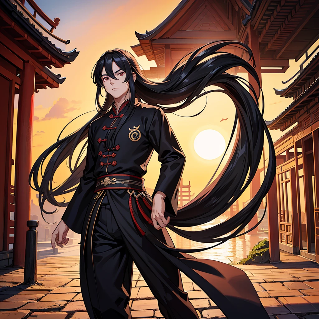 A long-haired man in a black suit stands in front of the camera with red pupils and a sunset. Background is ancient Chinese architecture, outdoors, front view. Ultra high resolution ultra high definition Ultra high resolution images Ancient Chinese martial arts style perfect details Glossy feeling 00001