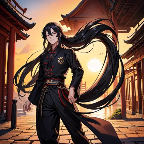 a long-haired man in a black suit stands in front of the camera with red pupils and a sunset. background is ancient chinese arch...