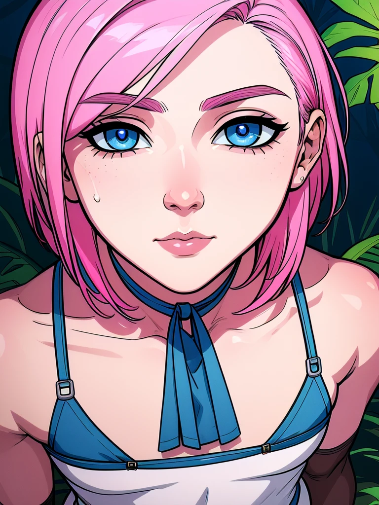 ((detailed eyes:1.2), detalied face, (dross), (solo:1.2), intricate details, ultra details, best quality, ultra quality, all focus), outdoor, (facing camera, straight on view, looking at viewer,), (1boy, very short hair, pink hair, blue eyes, blue bikini , bulge CFemboy,
