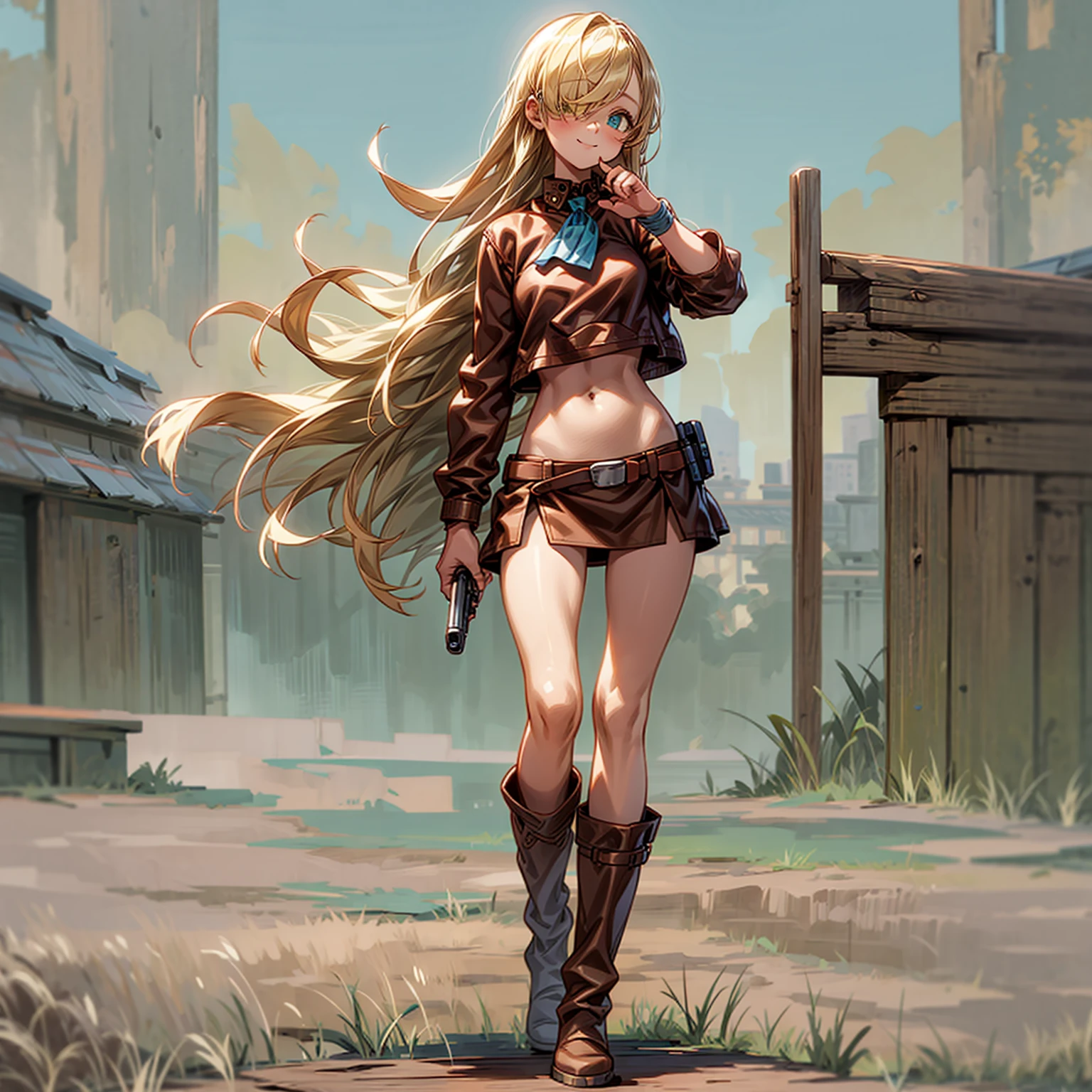 Solo character, full body version, baby kid girl, blonde hair, long haircut, one eye covered by hair, green eyes, cute face, sad eyes, smile mouth, crop top, Brown leather jacket, long skirt, bandage around the neck, bandage on the hand, boots, standing gesture, hand gun in hand, outdoor, town, skyblue, detailed background, detailed clothing, detailed hair, detailed face