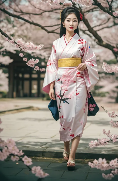 a geisha stands gracefully under the cherry blossoms, there are a lot more, many red cherry blossom petals fall one after anothe...