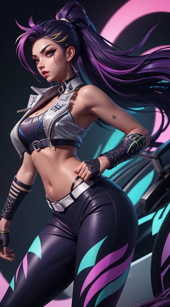 Kda akali, front view, big ass, perfect breast, beautiful, sexy, slim, cute, highly detailed, deep focused image, realistic full-lenght photo, sexy jumpsuit