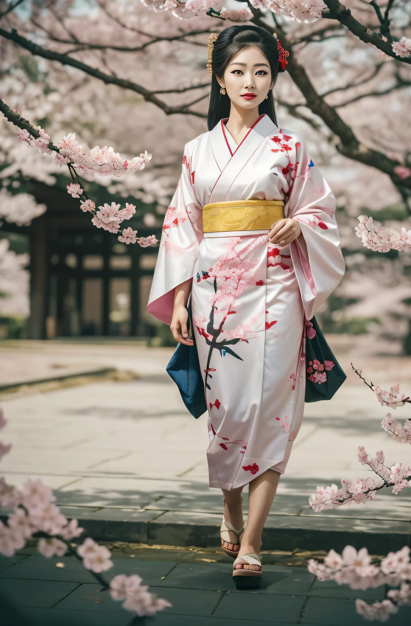 A geisha stands gracefully under the cherry blossoms, There are a lot more, Many red cherry blossom petals fall one after another,
White base makeup on girl&#39;s face without any highlight or shadow decoration. All-white makeup covering face and neck. Red lip makeup is a small mouth that is smaller than the normal lip area. Thick eyeliner can emphasize the eye contour, Strengthen eyes, Pupils appear dark and deep. One-line eyebrows are eye-catching without being harsh, And the whole face is clean. Typical Japanese Geisha makeup,
Wearing a gorgeous kimono embroidered with black and gold cherry blossoms, This is a long-sleeved kimono, Wearing Japanese clogs,
background: under the sunset, Many red cherry blossom petals fall one after another, deep pink and blue, Surrealism, Realistic depiction of light and shadow, Real and exaggerated photos, super high quality, Super detailed details, movie shot, shallow view deep, A geisha stands gracefully under the cherry blossoms, There are a lot more, Many red cherry blossom petals fall one after another, White base makeup on girl&#39;s face without any highlight or shadow decoration. All-white makeup covering face and neck. Red lip makeup is a small mouth that is smaller than the normal lip area. Thick eyeliner can emphasize the eye contour, Strengthen eyes, Pupils appear dark and deep. One-line eyebrows are eye-catching without being harsh, And the whole face is clean. Typical Japanese Geisha makeup, Wearing a gorgeous kimono embroidered with black and gold cherry blossoms, This is a long-sleeved kimono, Wearing Japanese clogs, background: under the sunset, Many red cherry blossom petals fall one after another, deep pink and blue, Realistic depiction of light and shadow, Real and exaggerated photos, super high quality, Super detailed details, movie shot, shallow view deep, Surrealism, UHD, retina, masterpiece, accurate, anatomically correct, textured skin, super detail, high details, high quality, award winning, best quality, 