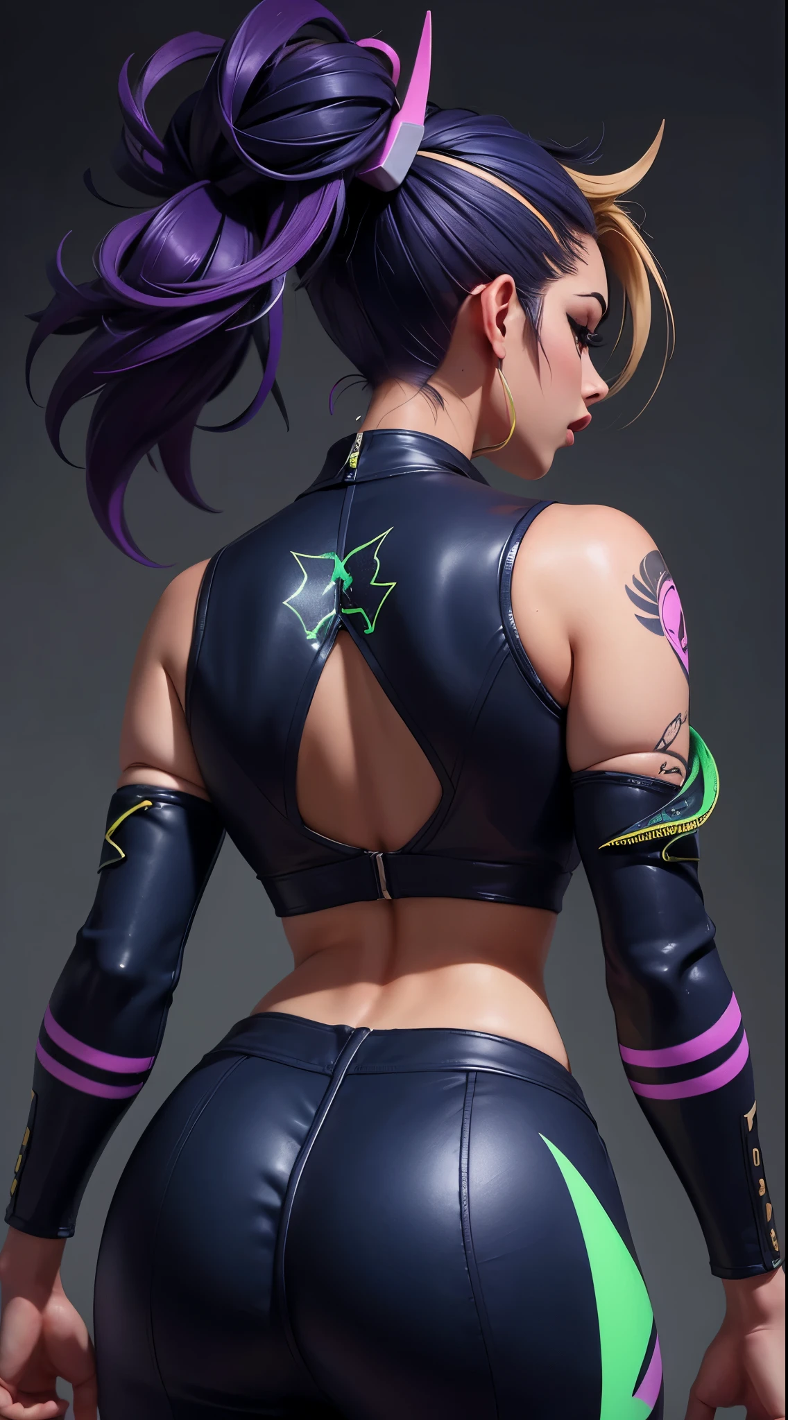 Kda akali, Back view, big ass, perfect breast, beautiful, sexy, slim, cute, highly detailed, deep focused image, realistic full-lenght photo, sexy jumpsuit