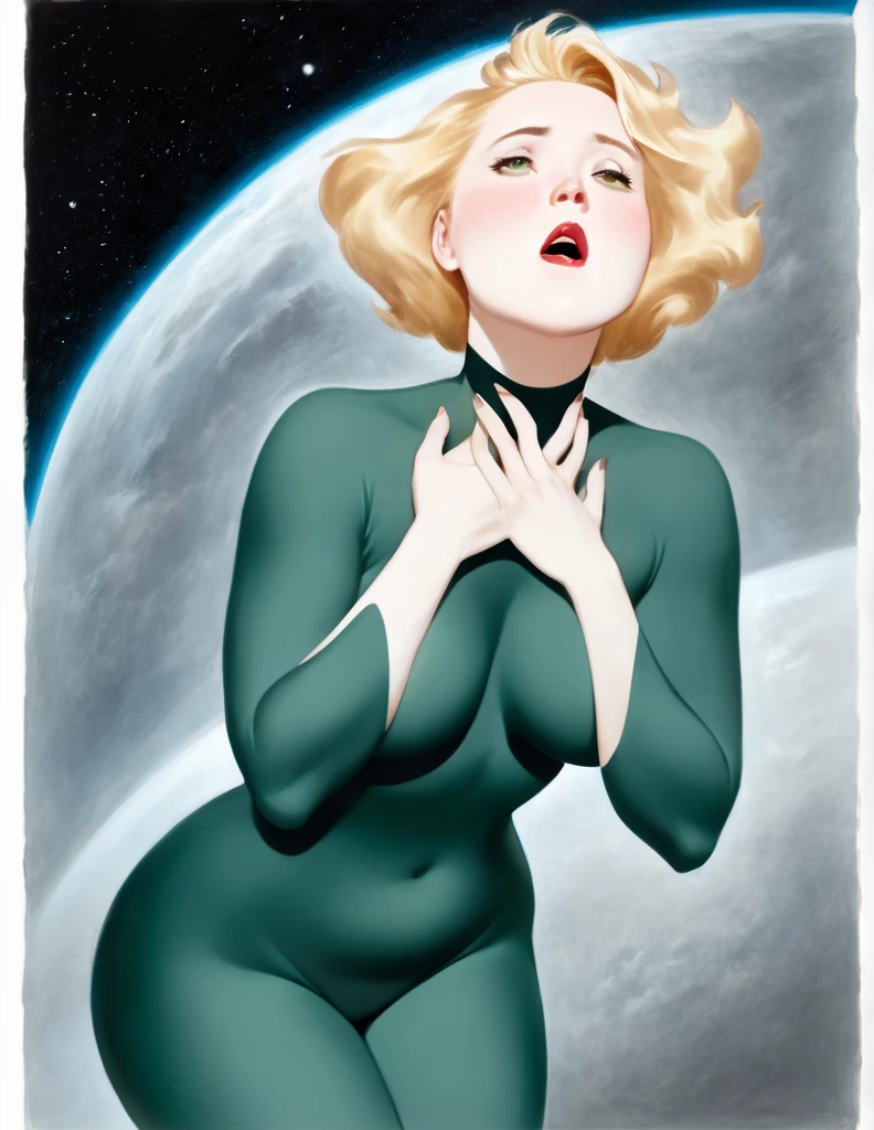 Oil painted slightly chubby white woman. Her face  also slightly chubby. Her body  floating in space .She  wearing a dark green body suit.. She has short blonde hair. She has her mouth open breathing heavily, she puts both her hands on her neck as if she choking and can’t breathe . She  on the verge of death. She  grabbing her neck. Full body view. Bare foot.