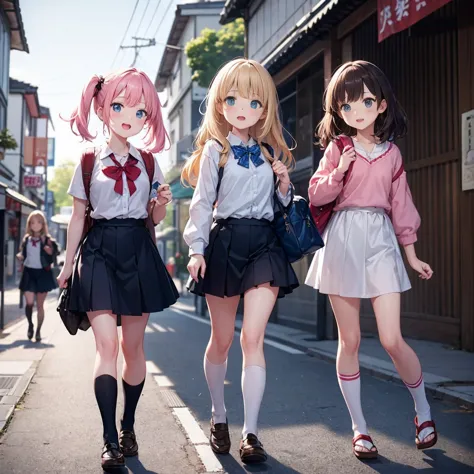 three very young girls, about eight years old, on a street in japan, one of the old streets, behind them is a school. they are w...