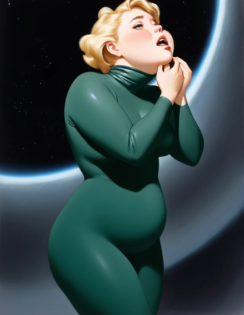 Oil painted slightly chubby white woman. Her face  also slightly chubby. Her body  floating in space .She  wearing a dark green body suit.. She has short blonde hair. She has her mouth open breathing heavily, she puts both her hands on her neck as if she choking and can’t breathe . She  on the verge of death. She  grabbing her neck. Full body view. Bare foot.