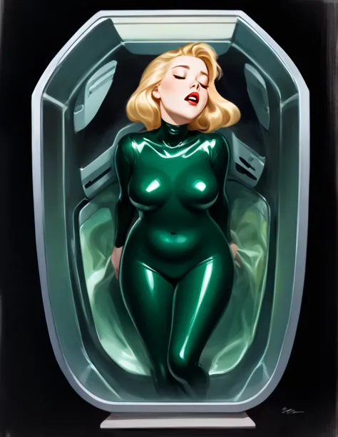 oil painted slightly chubby white woman. her face  also slightly chubby. she  inside a sci-fi  capsule coffin.. she  wearing a d...