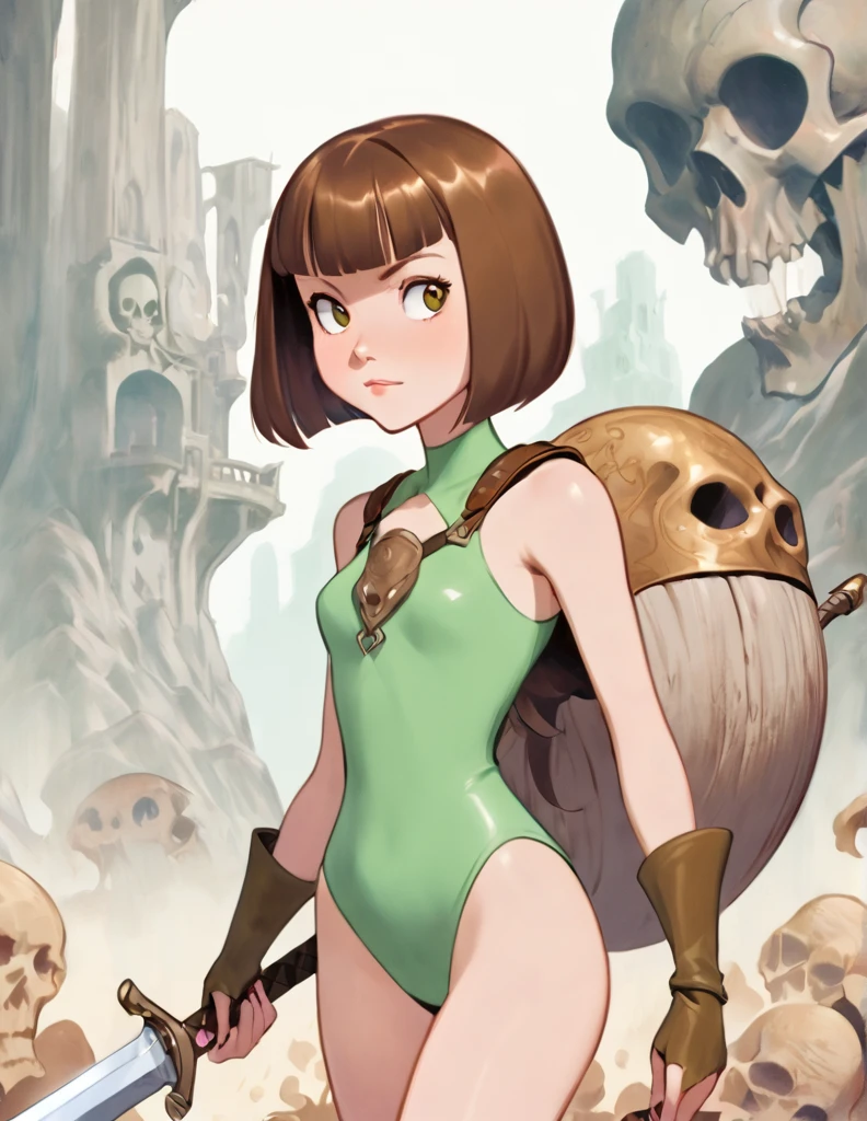 (Cartoon character) lanky  young woman, short cut brown  bangs hair. Wearing a green leotard.. She carries a wide great sword on her back. A round bronze shoulder armor on her left shoulder. A  giant skull is looming behind her