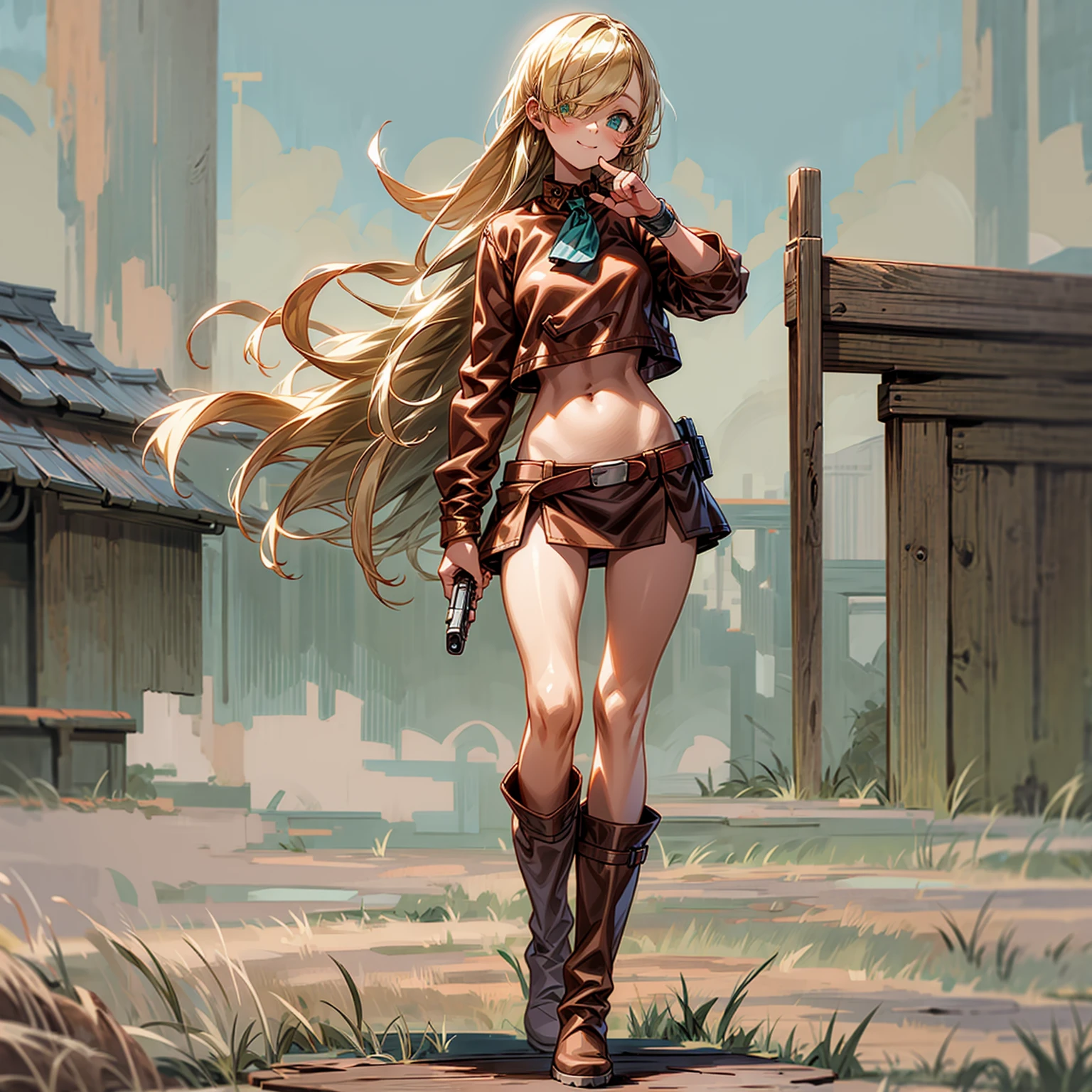 Solo character, full body version, baby kid girl, blonde hair, long haircut, one eye covered by hair, green eyes, cute face, sad eyes, smile mouth, crop top, Brown leather jacket, long skirt, bandage around the neck, bandage on the hand, boots, standing gesture, hand gun in hand, outdoor, town, skyblue, detailed background, detailed clothing, detailed hair, detailed face