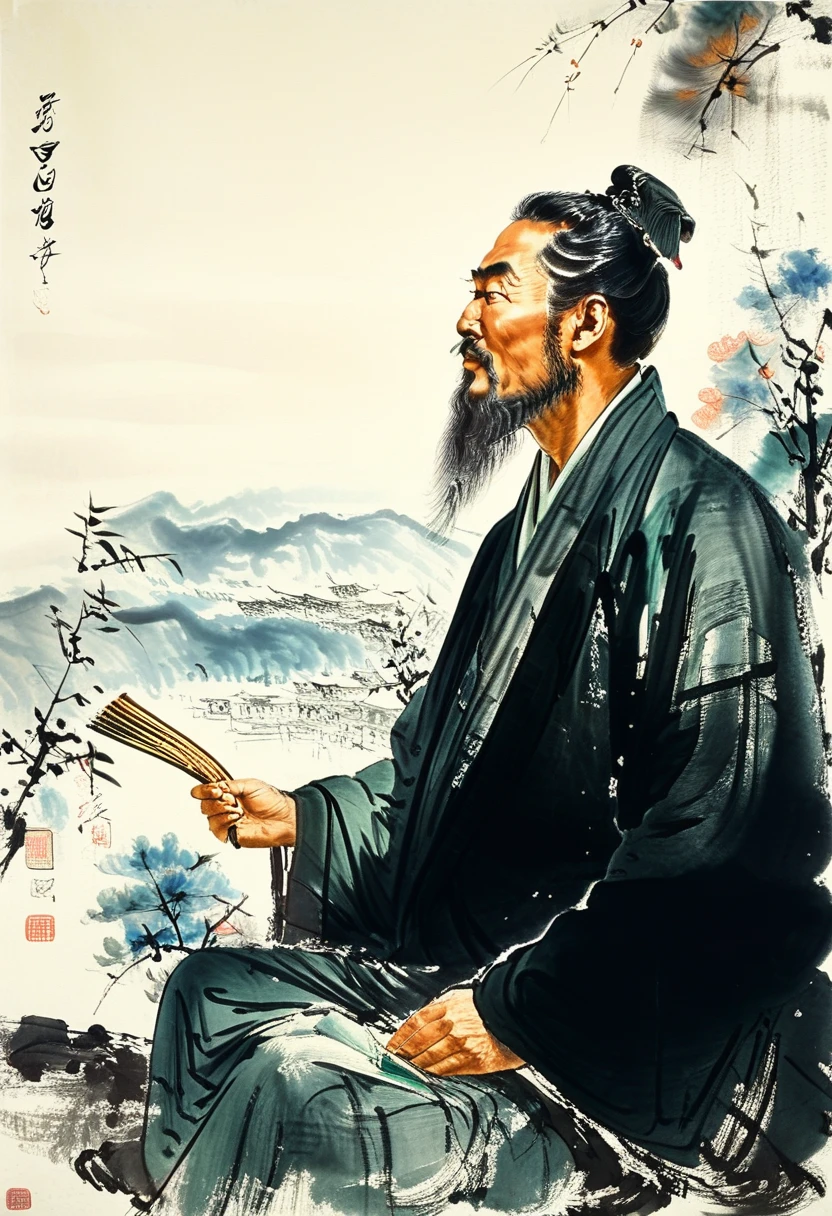 Li Bai Images, Famous Tang Dynasty poets, Imitating Fu Baoshi, Use bold and expressive brushstrokes, Capturing his wild and romantic nature. He should be standing in the mountains, He holds the scroll，Excited expression on face. 