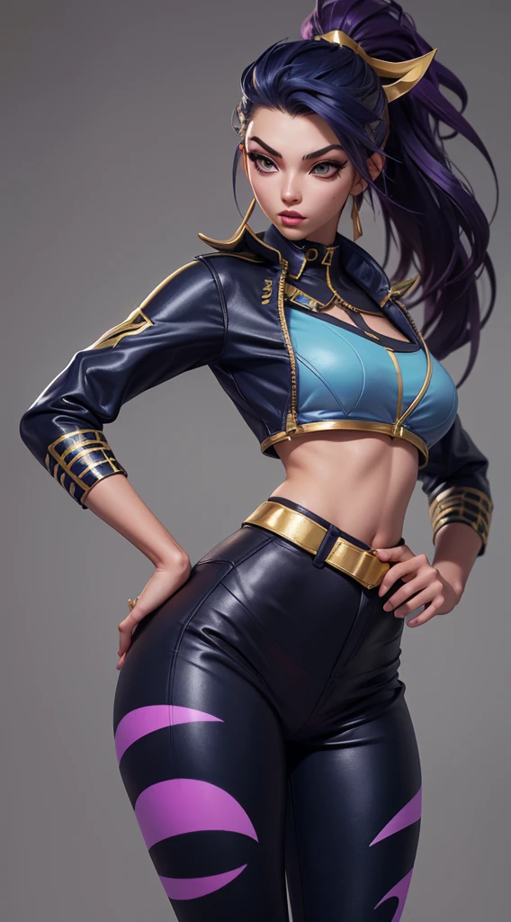 Kda akali, front view, big ass, perfect breast, beautiful, sexy, slim, cute, highly detailed, deep focused image, realistic full-lenght photo, sexy gold jumpsuit, skids