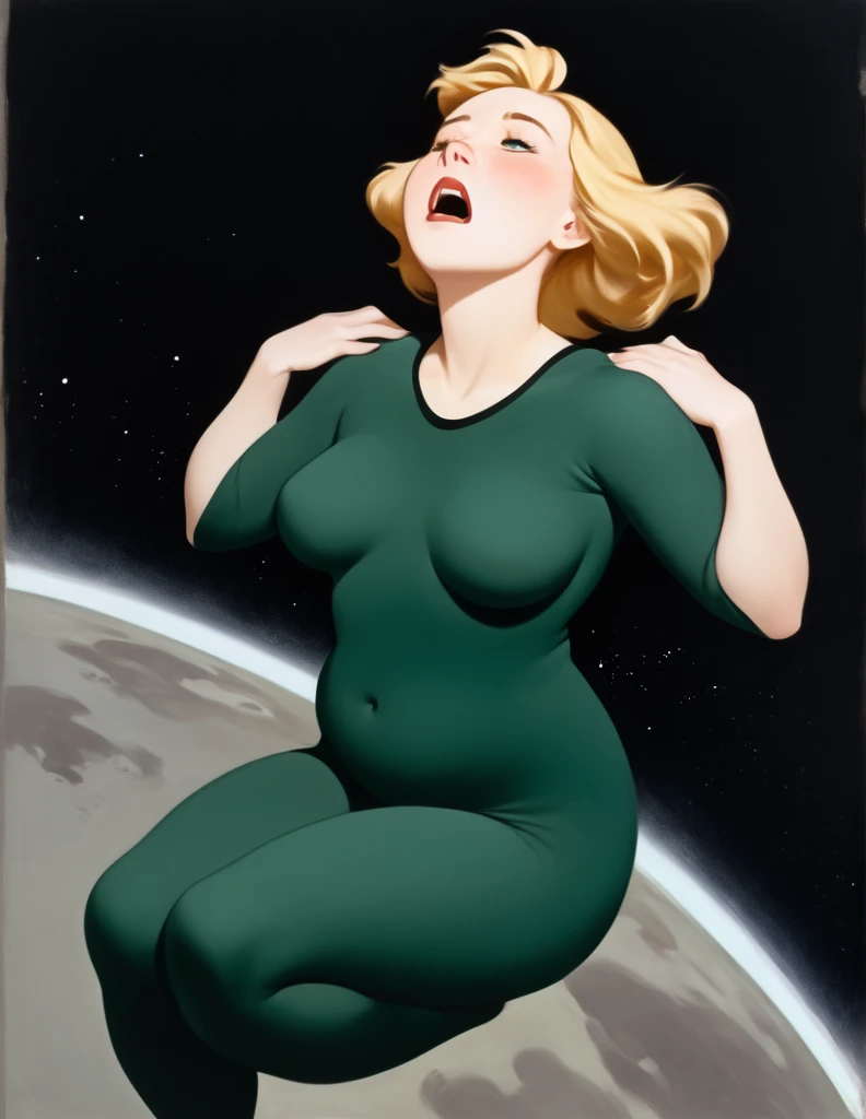 Oil painted slightly chubby white woman. Her face  also slightly chubby. Her body  floating in space .She  wearing a dark green body suit.. She has short blonde hair. She has her mouth open breathing heavily, she puts both her hands on her neck as if she choking and can’t breathe . She  on the verge of death. She  grabbing her neck. Full body view. Bare foot.