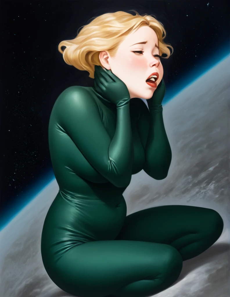 Oil painted slightly chubby white woman. Her face  also slightly chubby. Her body  floating in space .She  wearing a dark green body suit.. She has short blonde hair. She has her mouth open breathing heavily, she puts both her hands on her neck as if she choking and can’t breathe . She  on the verge of death. She  grabbing her neck. Full body view. Bare foot.