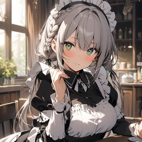 a girl with french braids in a maid&#39;s uniform gives a curtsy、chibi character、ahoge、silver hair、purple eyes