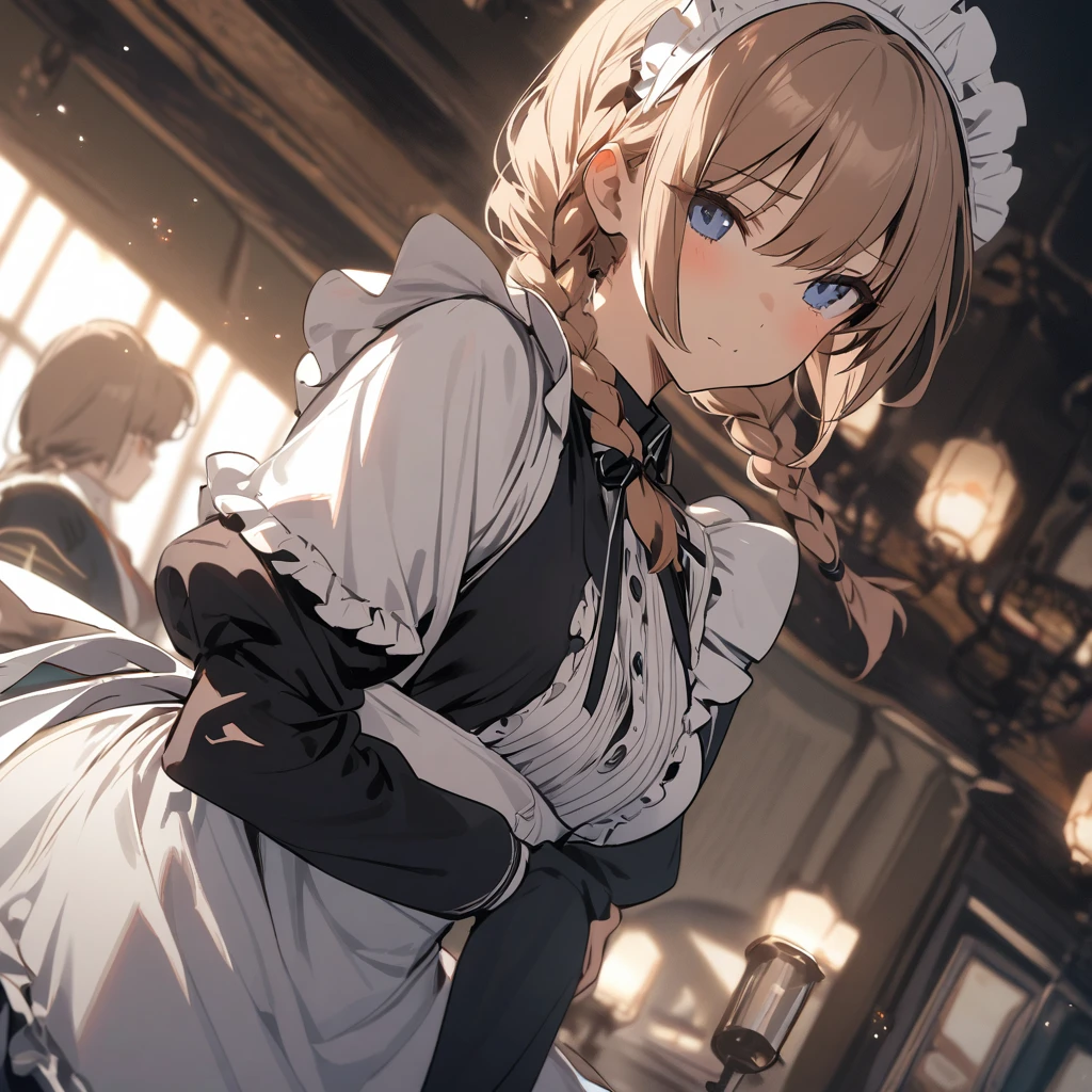 A girl with French braids in a maid&#39;s uniform gives a curtsy、Chibi Character、Ahoge、Silver Hair、Purple Eyes