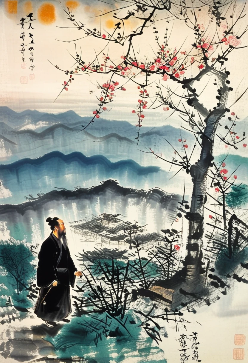 Li Bai Images, Famous Tang Dynasty poets, Imitating Fu Baoshi, Use bold and expressive brushstrokes, Capturing his wild and romantic nature. He should be standing in the mountains, He holds the scroll，Excited expression on face. whole body