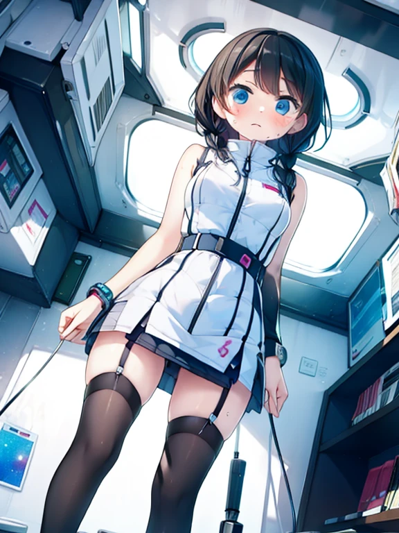 (Highest quality), (masterpiece), 1080P, High resolution, 4K, 8k, Inside the space station、Futuristic room、Thigh straps, Shooting from directly below, The woman on top of me, Nipples, 白いSweat, Covered , Sweat, Woman looking down, Skirt swimsuit, Thigh-high socks, To achieve this, 16 years old, , whole body, Black leather shoes, Braided hair, Inner Color, Embarrassed face, Short black hair, bracelet, Bedroom,celestial body_Vest
