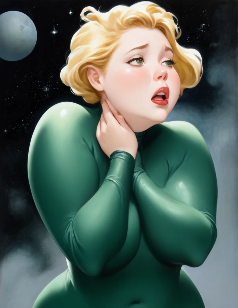 Oil painted slightly chubby white woman. Her face  also slightly chubby. Her body  floating in space .She  wearing a dark green body suit.. She has short blonde hair. She has her mouth open breathing heavily, she puts both her hands on her neck as if she choking and can’t breathe . She  on the verge of death. She  grabbing her neck. Full body view. Bare foot.