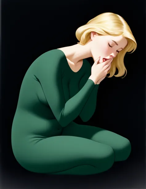 oil painted slightly chubby white woman. her face  also slightly chubby. her body  floating in space .she  wearing a dark green ...