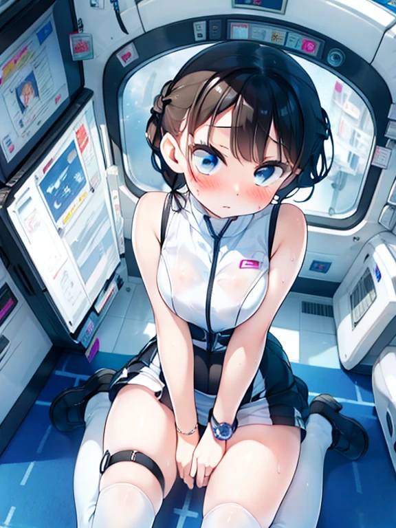 (Highest quality), (masterpiece), 1080P, High resolution, 4K, 8k, Inside the space station、Futuristic room、Thigh straps, Shooting from directly below, The woman on top of me, Nipples, 白いSweat, Covered , Sweat, Woman looking down, Skirt swimsuit, Thigh-high socks, To achieve this, 16 years old, , whole body, Black leather shoes, Braided hair, Inner Color, Embarrassed face, Short black hair, bracelet, Bedroom,celestial body_Vest
