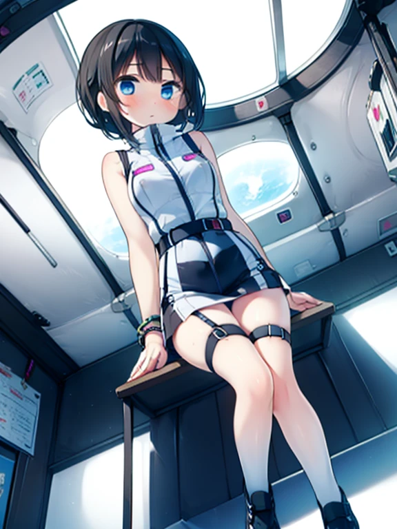 (Highest quality), (masterpiece), 1080P, High resolution, 4K, 8k, Inside the space station、Futuristic room、Thigh straps, Shooting from directly below, The woman on top of me, Nipples, 白いSweat, Covered , Sweat, Woman looking down, Skirt swimsuit, Thigh-high socks, To achieve this, 16 years old, , whole body, Black leather shoes, Braided hair, Inner Color, Embarrassed face, Short black hair, bracelet, Bedroom,celestial body_Vest
