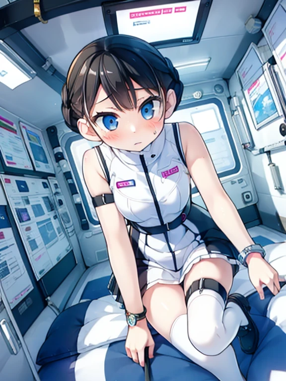 (Highest quality), (masterpiece), 1080P, High resolution, 4K, 8k, Inside the space station、Futuristic room、Thigh straps, Shooting from directly below, The woman on top of me, Nipples, 白いSweat, Covered , Sweat, Woman looking down, Skirt swimsuit, Thigh-high socks, To achieve this, 16 years old, , whole body, Black leather shoes, Braided hair, Inner Color, Embarrassed face, Short black hair, bracelet, Bedroom,celestial body_Vest
