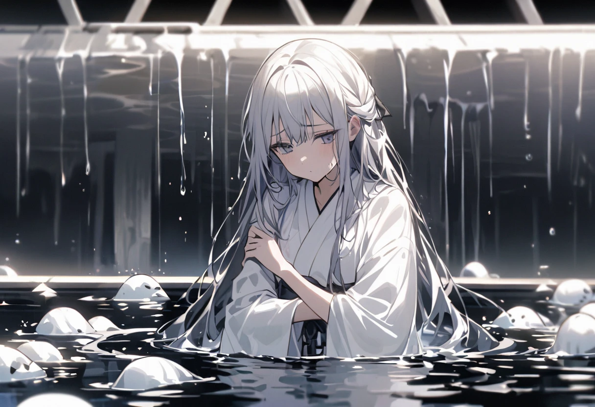 Girl with one hand out of the water、Black wet long hair、White triangular、White kimono、Many white hands sticking out of the water、The background is the pool、Sad look、