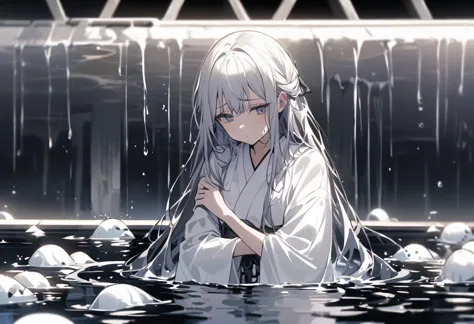 girl with one hand out of the water、black wet long hair、white triangular、white kimono、many white hands sticking out of the water...