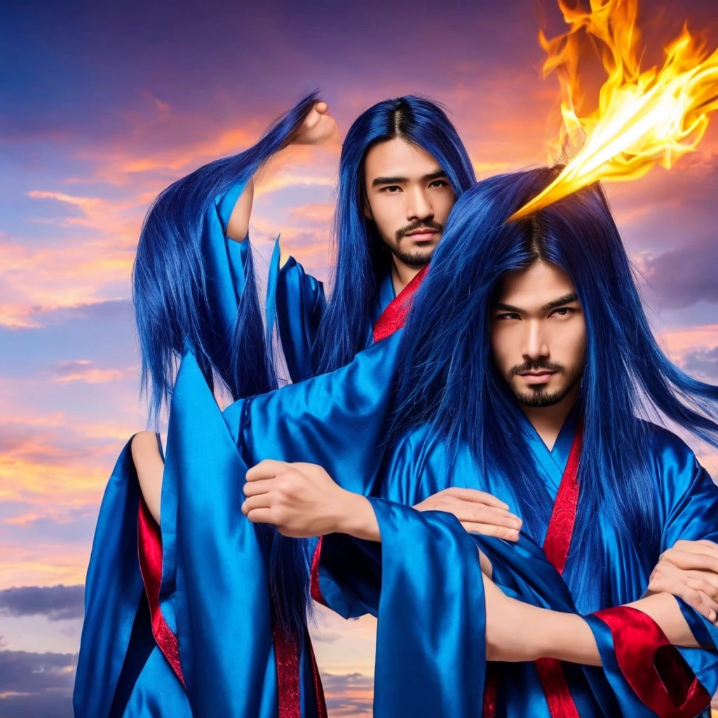 23-year-old man with long blue hair wearing blue Hanfu,

With a serious expression and sharp eyes, he raised his hands to the sky,

A huge fireball in the palm of your hand, red

atmosphere,

doomsday atmosphere,

fantasy void background,

special effects,

Colorful tones, light particles, anime style,

perfect details,

Highest quality, Blu-ray quality,

32K