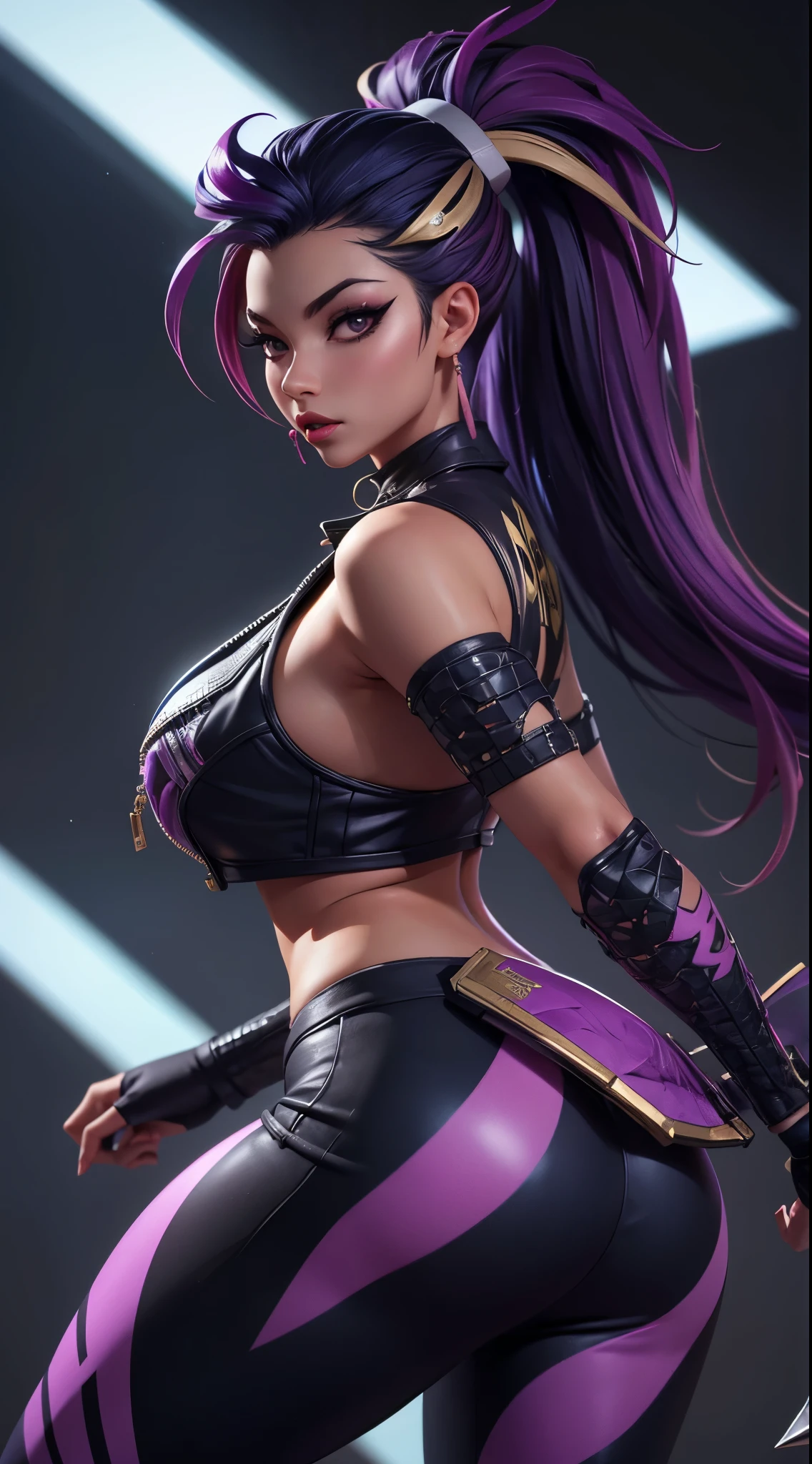 Kda akali, front view, big ass, perfect breast, beautiful, sexy, slim, cute, highly detailed, deep focused image, realistic full-lenght photo, sexy jumpsuit