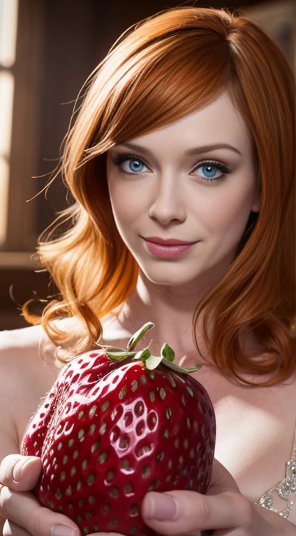 Masterpiece, Best Quality, Super Detailed, High Definition, Expensive Resolution, HDR, Super Detailed CG, Beautiful Details, Depth, Fine Texture, Super Fine, Complete concentration, (Christina Hendricks), sexy, pale skin, blue eyes, smirk, (holding a giant strawberry), vibrant colors, detailed eyes, highly detailed, fine detail, intricate details, volumetric lighting, 