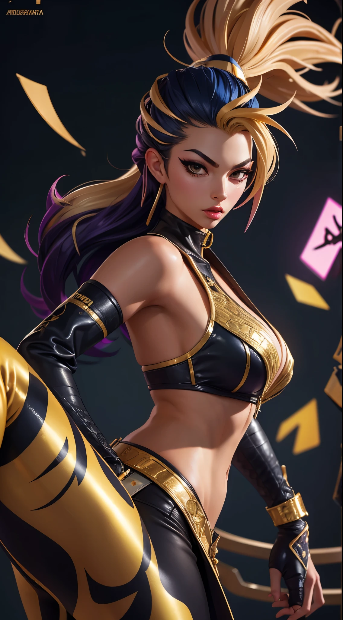 Kda akali, front view, big ass, perfect breast, beautiful, sexy, slim, cute, highly detailed, deep focused image, realistic full-lenght photo, sexy gold jumpsuit