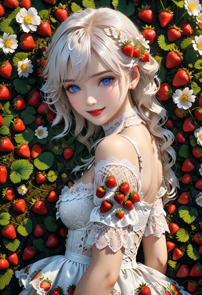 high details, best quality, 16k, RAW, [best detailed], masterpiece, best quality, (extremely detailed), full body, ultra wide shot, photorealistic, dark fantasy art, goth art, RPG art, D&D art, a picture of a female fairy resting in a (field of strawberries: 1.3), extremely beautiful fairy, ultra feminine (intense details, Masterpiece, best quality), best detailed face (intense details, Masterpiece, best quality), having wide butterfly wings, spread butterfly wings (intense details, Masterpiece, best quality), white and purple wings (intense details, Masterpiece, best quality),  dynamic hair color, dynamic hair style dynamic skin complexion, shy smile, innocent smile, blue eyes, dark red lips, wearing ((white: 1.5)) lace dress (intense details, Masterpiece, best quality), ((white lace: 1.5)) corset (intense details, Masterpiece, best quality), dynamic elegant shirt, chocker, wearing high heels, in a field of strawberries (intense details, Masterpiece, best quality), (extreme many strawberries) (intense details, Masterpiece, best quality), dark colorful flowers (intense details, Masterpiece, best quality), flower meadow in a dark goth field background, dim light, cinematic light, High Detail, Ultra High Quality, High Resolution, 16K Resolution, Ultra HD Pictures, 3D rendering Ultra Realistic, Clear Details, Realistic Detail, Ultra High Definition, lace drawing, betmd, DonMF41ryW1ng5XL
