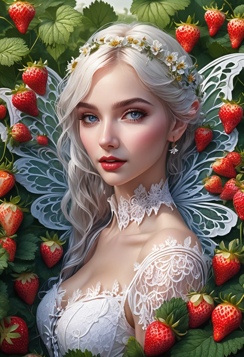 high details, best quality, 16k, RAW, [best detailed], masterpiece, best quality, (extremely detailed), full body, ultra wide shot, photorealistic, dark fantasy art, goth art, RPG art, D&D art, a picture of a female fairy resting in a (field of strawberries: 1.3), extremely beautiful fairy, ultra feminine (intense details, Masterpiece, best quality), best detailed face (intense details, Masterpiece, best quality), having wide butterfly wings, spread butterfly wings (intense details, Masterpiece, best quality), white and purple wings (intense details, Masterpiece, best quality),  dynamic hair color, dynamic hair style dynamic skin complexion, shy smile, innocent smile, blue eyes, dark red lips, wearing ((white: 1.5)) lace dress (intense details, Masterpiece, best quality), ((white lace: 1.5)) corset (intense details, Masterpiece, best quality), dynamic elegant shirt, chocker, wearing high heels, in a field of strawberries (intense details, Masterpiece, best quality), (extreme many strawberries) (intense details, Masterpiece, best quality), dark colorful flowers (intense details, Masterpiece, best quality), flower meadow in a dark goth field background, dim light, cinematic light, High Detail, Ultra High Quality, High Resolution, 16K Resolution, Ultra HD Pictures, 3D rendering Ultra Realistic, Clear Details, Realistic Detail, Ultra High Definition, lace drawing, betmd, DonMF41ryW1ng5XL, fairy wings,
