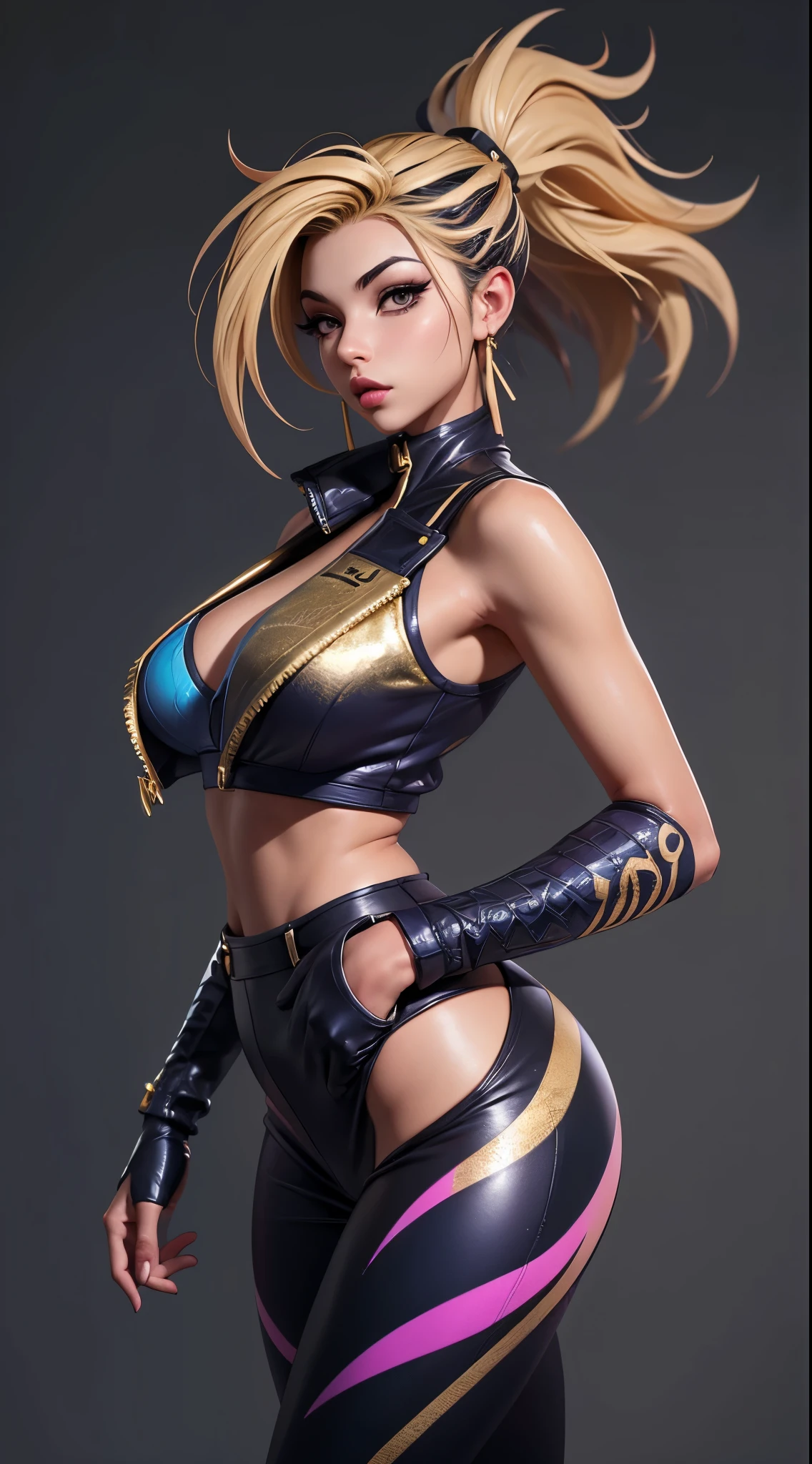 Kda akali, front view, big ass, perfect breast, beautiful, sexy, slim, cute, highly detailed, deep focused image, realistic full-lenght photo, sexy gold jumpsuit, skids