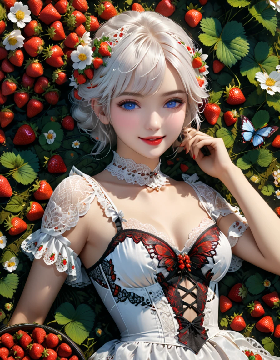 high details, best quality, 16k, RAW, [best detailed], masterpiece, best quality, (extremely detailed), full body, ultra wide shot, photorealistic, dark fantasy art, goth art, RPG art, D&D art, a picture of a female fairy resting in a (field of strawberries: 1.3), extremely beautiful fairy, ultra feminine (intense details, Masterpiece, best quality), best detailed face (intense details, Masterpiece, best quality), having wide butterfly wings, spread butterfly wings (intense details, Masterpiece, best quality), white and purple wings (intense details, Masterpiece, best quality),  dynamic hair color, dynamic hair style dynamic skin complexion, shy smile, innocent smile, blue eyes, dark red lips, wearing ((white: 1.5)) lace dress (intense details, Masterpiece, best quality), ((white lace: 1.5)) corset (intense details, Masterpiece, best quality), dynamic elegant shirt, chocker, wearing high heels, in a field of strawberries (intense details, Masterpiece, best quality), (extreme many strawberries) (intense details, Masterpiece, best quality), dark colorful flowers (intense details, Masterpiece, best quality), flower meadow in a dark goth field background, dim light, cinematic light, High Detail, Ultra High Quality, High Resolution, 16K Resolution, Ultra HD Pictures, 3D rendering Ultra Realistic, Clear Details, Realistic Detail, Ultra High Definition, lace drawing, betmd, DonMF41ryW1ng5XL
