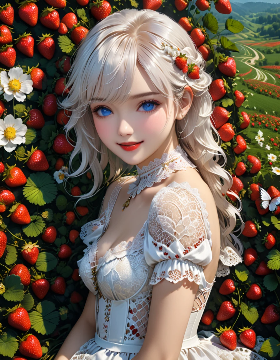 high details, best quality, 16k, RAW, [best detailed], masterpiece, best quality, (extremely detailed), full body, ultra wide shot, photorealistic, dark fantasy art, goth art, RPG art, D&D art, a picture of a female fairy resting in a (field of strawberries: 1.3), extremely beautiful fairy, ultra feminine (intense details, Masterpiece, best quality), best detailed face (intense details, Masterpiece, best quality), having wide butterfly wings, spread butterfly wings (intense details, Masterpiece, best quality), white and purple wings (intense details, Masterpiece, best quality),  dynamic hair color, dynamic hair style dynamic skin complexion, shy smile, innocent smile, blue eyes, dark red lips, wearing ((white: 1.5)) lace dress (intense details, Masterpiece, best quality), ((white lace: 1.5)) corset (intense details, Masterpiece, best quality), dynamic elegant shirt, chocker, wearing high heels, in a field of strawberries (intense details, Masterpiece, best quality), (extreme many strawberries) (intense details, Masterpiece, best quality), dark colorful flowers (intense details, Masterpiece, best quality), flower meadow in a dark goth field background, dim light, cinematic light, High Detail, Ultra High Quality, High Resolution, 16K Resolution, Ultra HD Pictures, 3D rendering Ultra Realistic, Clear Details, Realistic Detail, Ultra High Definition, lace drawing, betmd, DonMF41ryW1ng5XL
