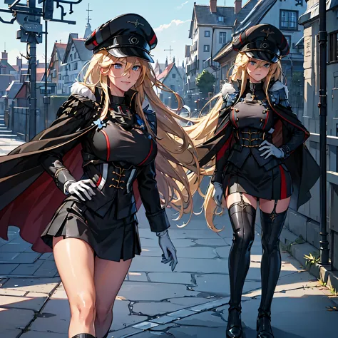 (kms bismarck, azur lane), wearing black military uniform, blonde hair, long hair, ice blue eyes, black skirt, black fur cape wi...