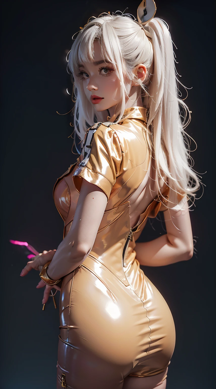 Alice nikke, back view, big ass, perfect breast, beautiful, sexy, slim, cute, highly detailed, deep focused image, realistic full-lenght photo, sexy gold jumpsuit