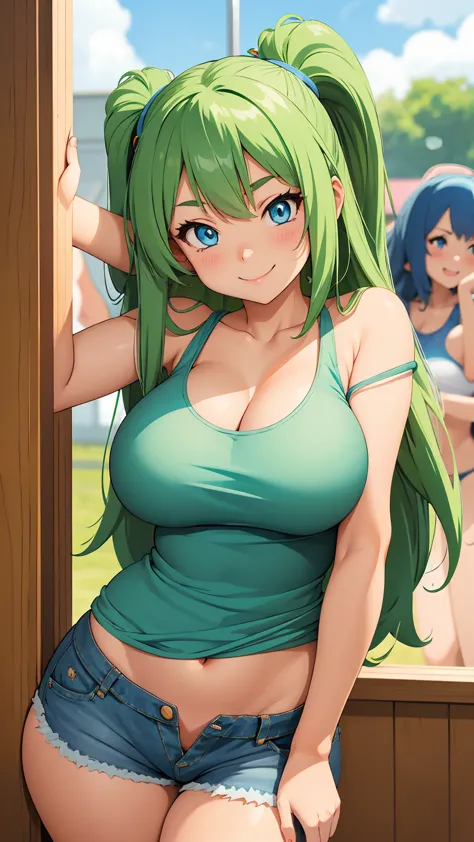 anime girl, blue eyes, green long hair, muy voluptuosa, teen, big breast, shy smile, wallpaper, cute drop-shoulder tank top, den...