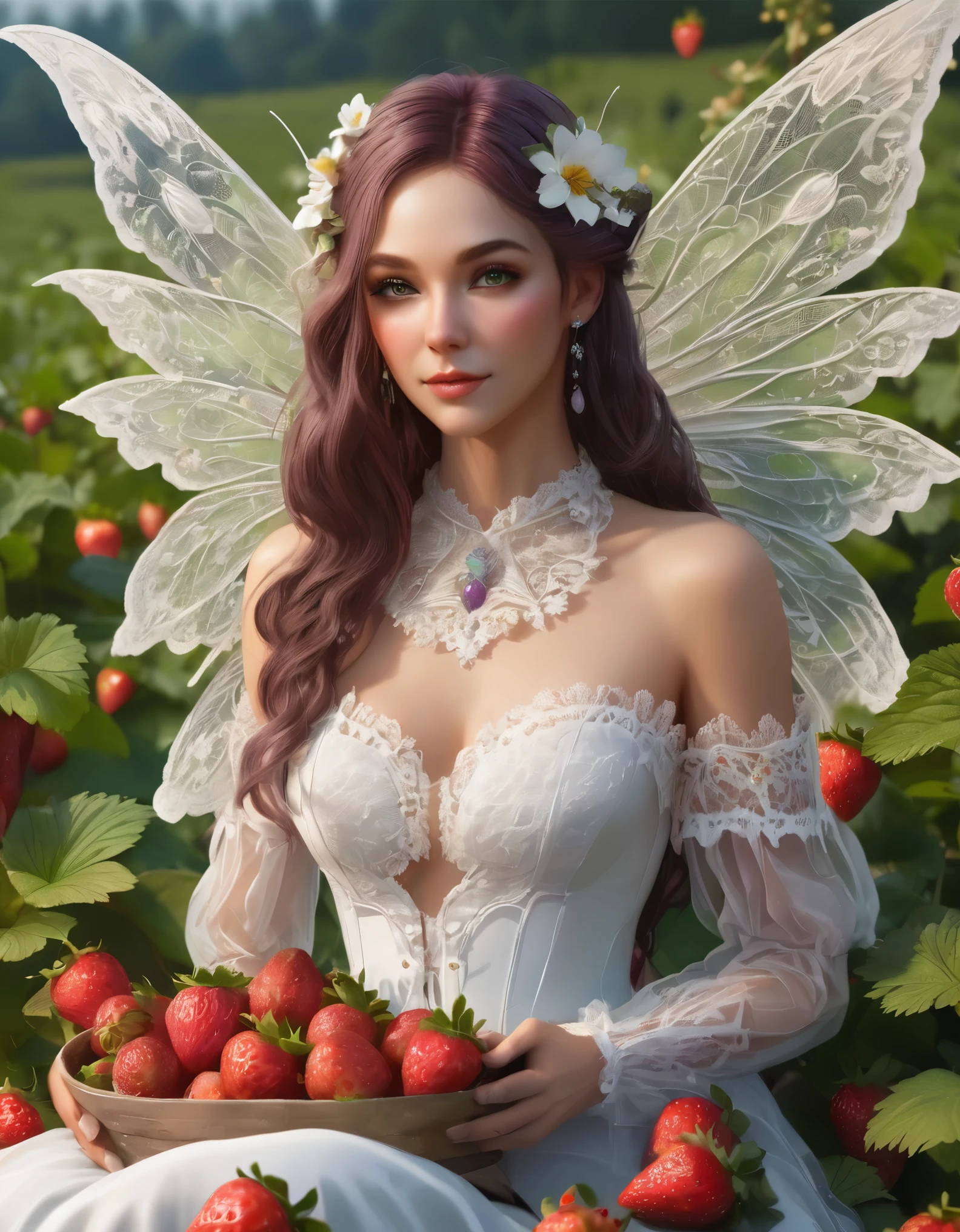 high details, best quality, 16k, RAW, [best detailed], masterpiece, best quality, (extremely detailed), full body, ultra wide shot, photorealistic, dark fantasy art, goth art, RPG art, D&D art, a picture of a female fairy resting in a (field of strawberries: 1.3), extremely beautiful fairy, ultra feminine (intense details, Masterpiece, best quality), best detailed face (intense details, Masterpiece, best quality), having wide butterfly wings, spread butterfly wings (intense details, Masterpiece, best quality), white and purple wings (intense details, Masterpiece, best quality),  dynamic hair color, dynamic hair style dynamic skin complexion, shy smile, innocent smile, blue eyes, dark red lips, wearing ((white: 1.5)) lace dress (intense details, Masterpiece, best quality), ((white lace: 1.5)) corset (intense details, Masterpiece, best quality), dynamic elegant shirt, chocker, wearing high heels, in a field of strawberries (intense details, Masterpiece, best quality), (extreme many strawberries) (intense details, Masterpiece, best quality), dark colorful flowers (intense details, Masterpiece, best quality), flower meadow in a dark goth field background, dim light, cinematic light, High Detail, Ultra High Quality, High Resolution, 16K Resolution, Ultra HD Pictures, 3D rendering Ultra Realistic, Clear Details, Realistic Detail, Ultra High Definition, rpg portrait, fairy wings,
