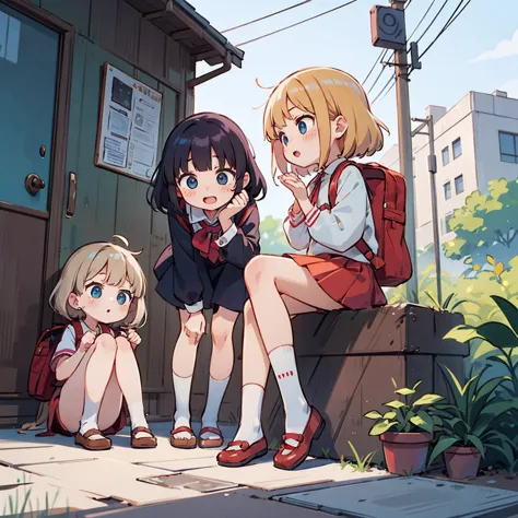 three very young girls, about eight years old, on a street in japan, one of the old streets, behind them is a school. they are w...