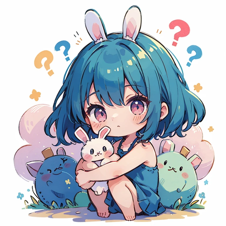 
1 small girl、(masterpiece, highest quality),(Detailed Hair), Super detailed, Anime Style, whole body, Little、cute、whole bodyきぐるみ,  short blue  hair、pink eyes、 , Digital Painting, 8K High Resolution, whole body, White Background, Dynamic pose,Dynamic composition、She is asking a question 、asking question、pastel colour、((hugging a bunny)), questionmark