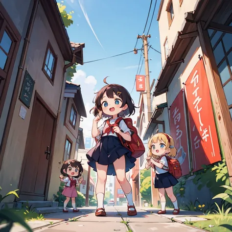 three very young girls, about eight years old, on a street in japan, one of the old streets, behind them is a school. they are w...