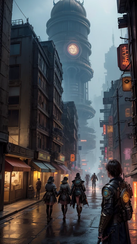 a group of people standing on top of a tall building, tekkon kinkret, tekkonkinkreet, tekkon kinkreet), brown cloak, scene from the movie Bladerunner, coruscant, diesel punk, cloudpunk, solarpunk style, platform science fiction, post-apocalyptic coruscant, Solarpunk,a group of people walking on an old cyberpunk street with a machine castle in the background of steampunk city,ancient cyberpunk city, old steampunk, matte painting, fantasy matte, gorgeous matte paintings, epic cinematic,View from below.bioshock style,steampunk Bioshock. 